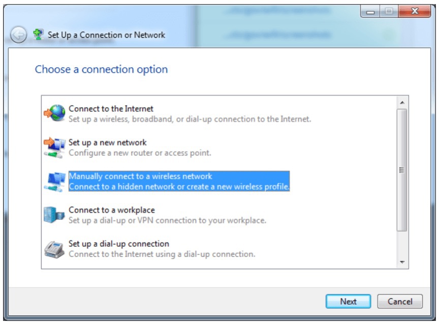 Screenshot of Connection Setup Wizard on Windows 7