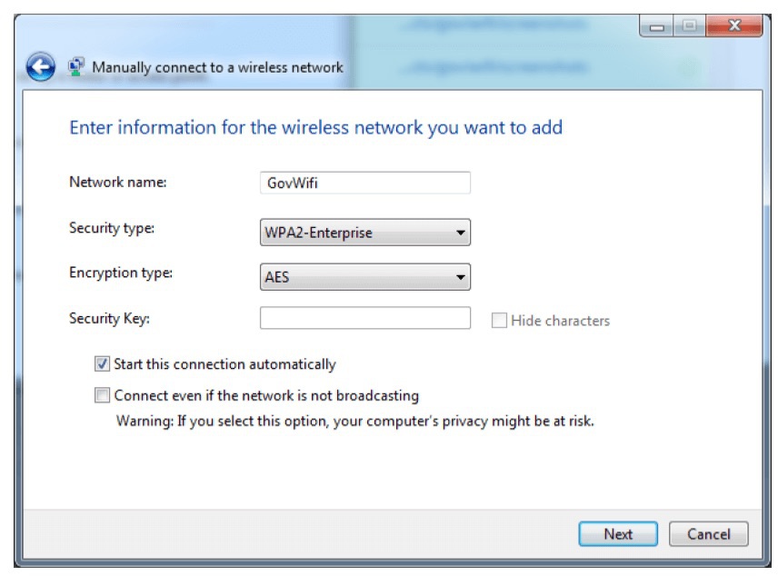 Screenshot of manual WiFi connection panel on Windows 7