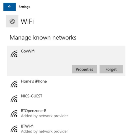 Screenshot of known networks panel on Windows 8/10