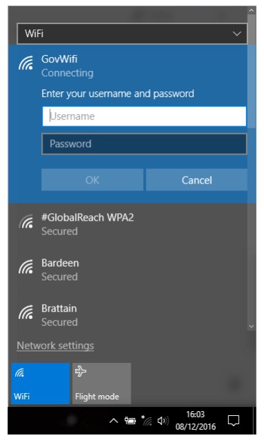 Screenshot of Wifi panel with credentials open on Windows 8/10