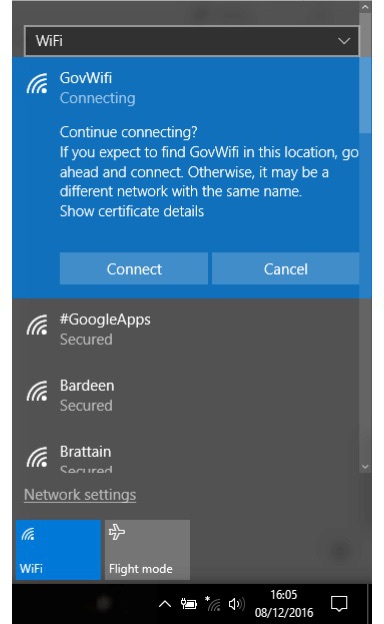 Screenshot of Wifi panel confirmation on Windows 8/10